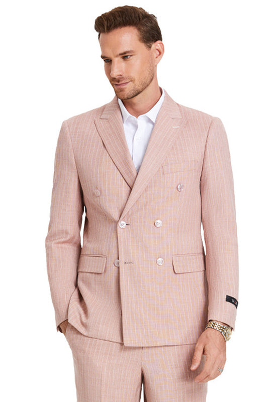 "Men's Slim Fit Double Breasted Pastel Suit - Rose Pink Pinstripe Summer Style"