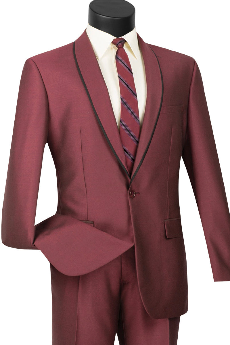 Mens One Button Shawl Tuxedo Suit With Trim in Burgundy - 36 Short