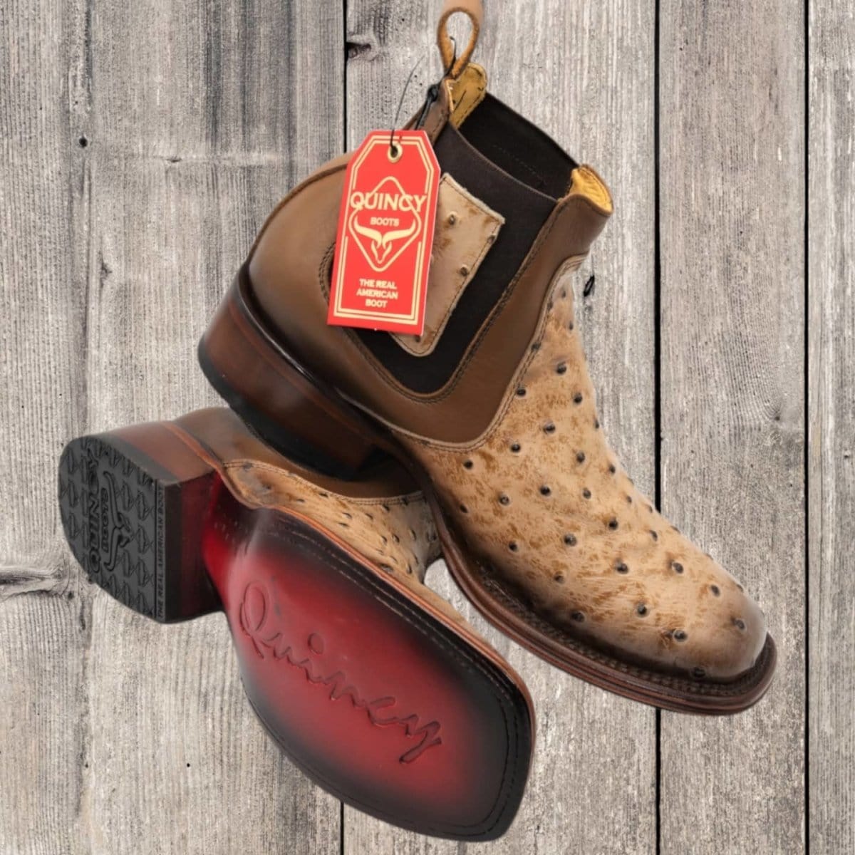 Men's Quincy Ostrich Print Leather Square Toe Ankle Boots - 6