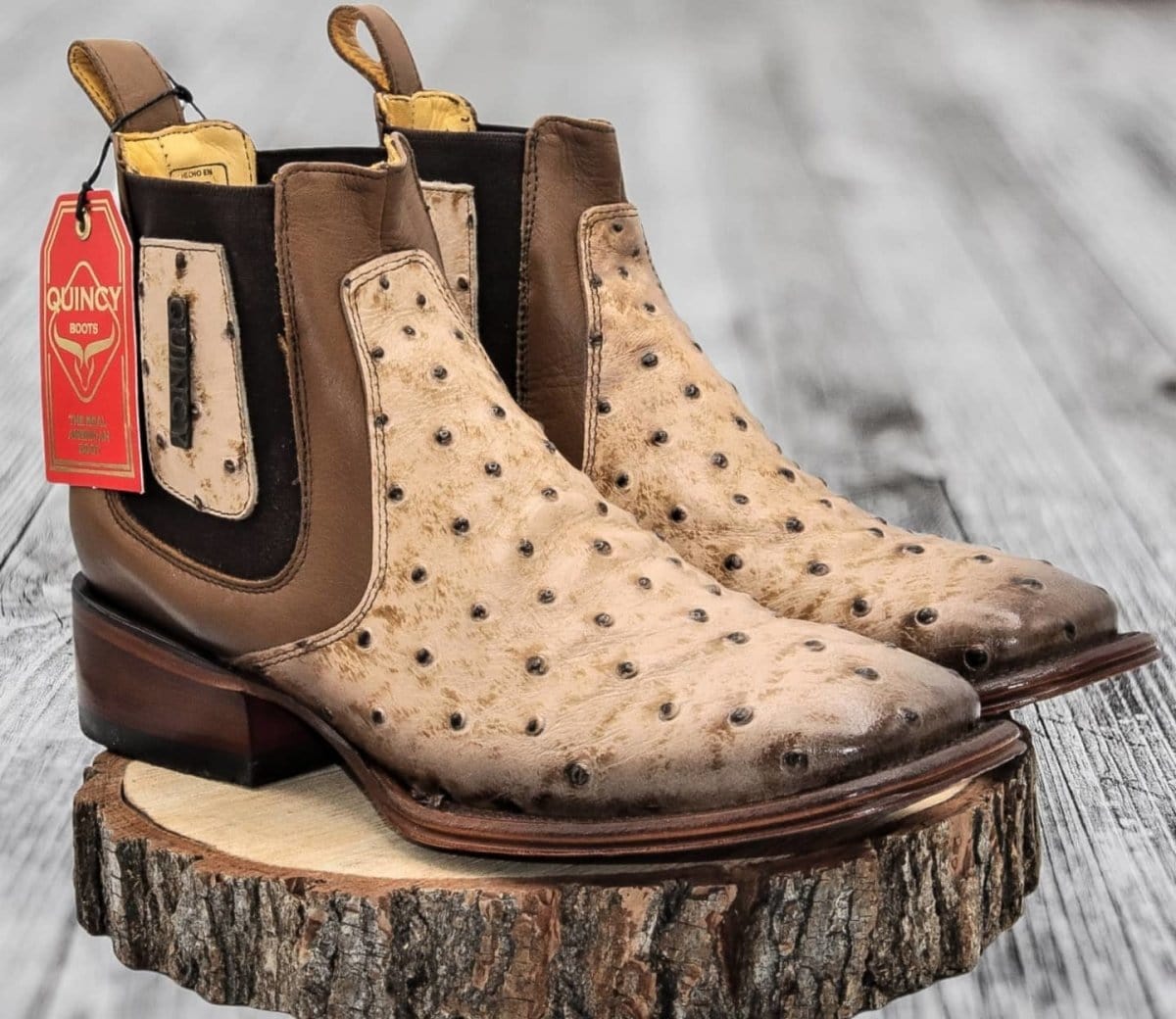 Men's Quincy Ostrich Print Leather Square Toe Ankle Boots - 6