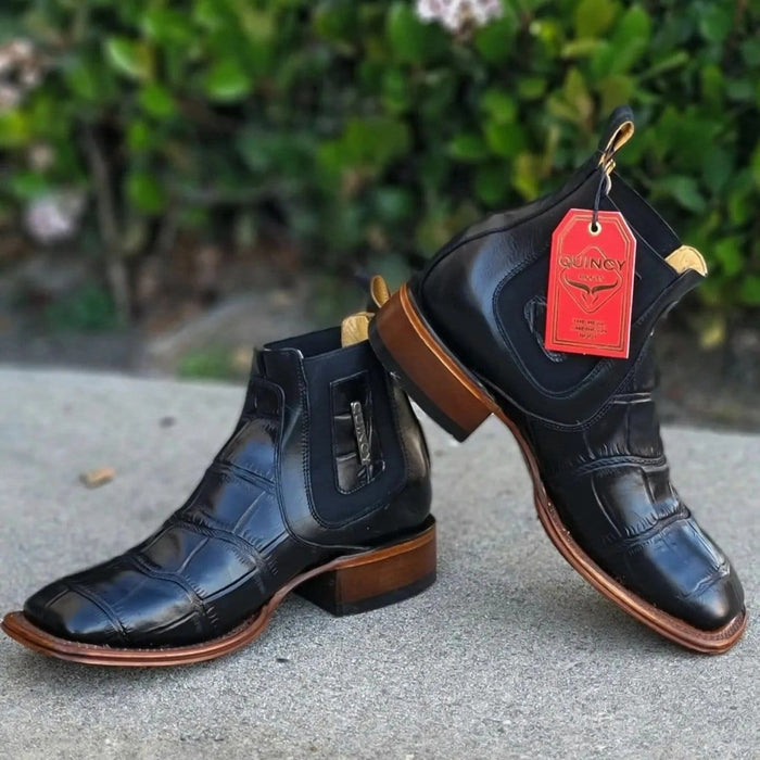 Men's Caiman Belly Print Leather Square Toe Ankle Boots