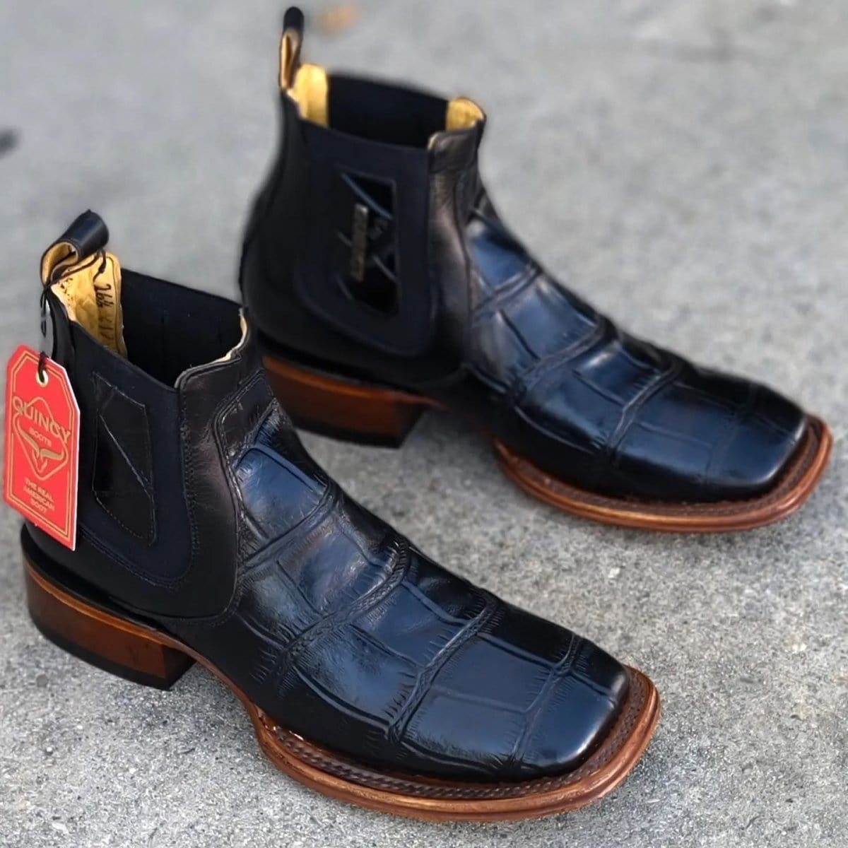 Men's Caiman Belly Print Leather Square Toe Ankle Boots - 6