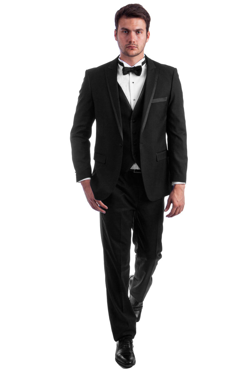 Black Wedding Tuxedo for Men - One Button Peak with Satin Trim