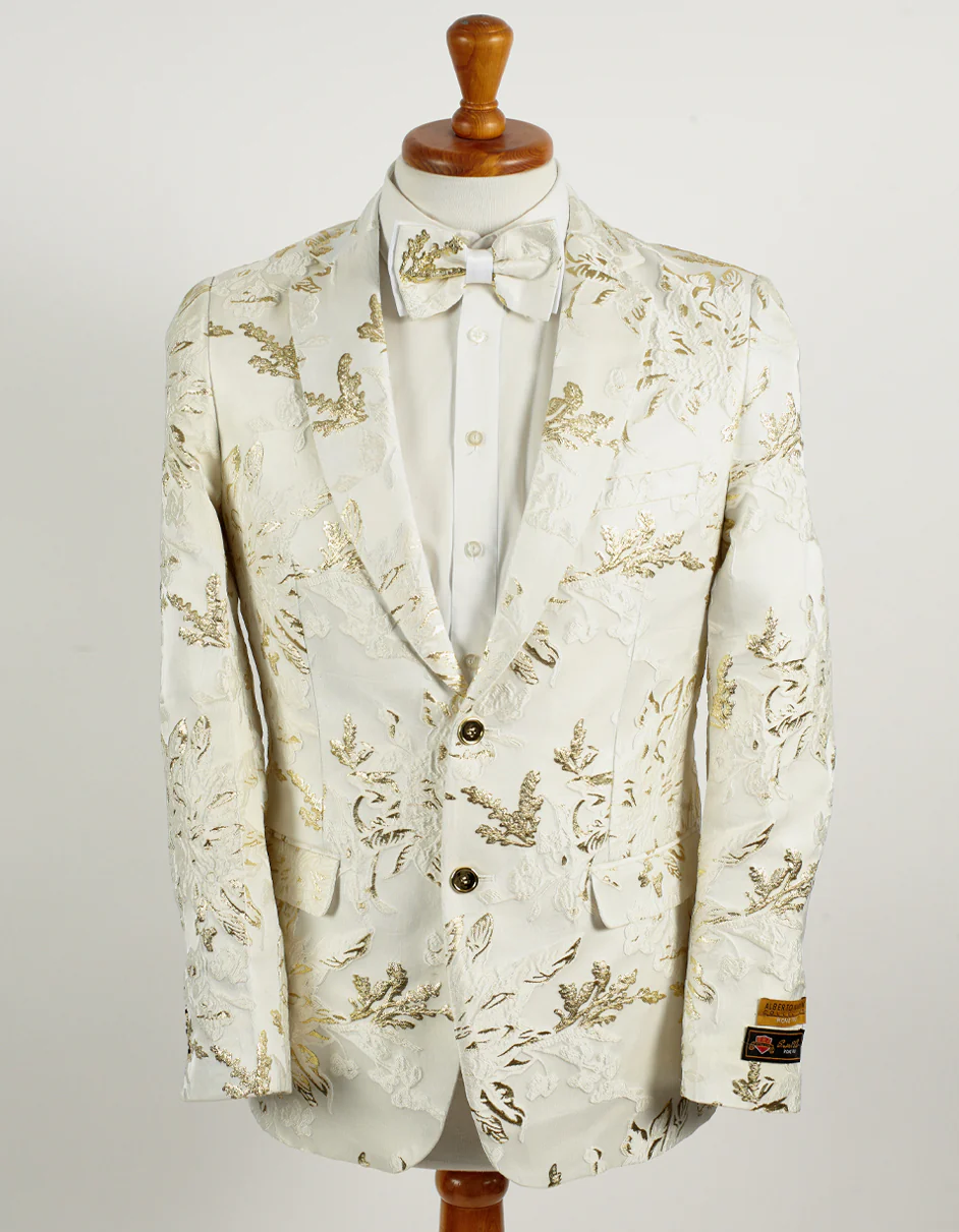 Best  Mens 2 Button White with Gold Foil Floral Paisley Prom and Wedding Blazer - For Men  Fashion Perfect For Wedding or Prom or Business  or Church
