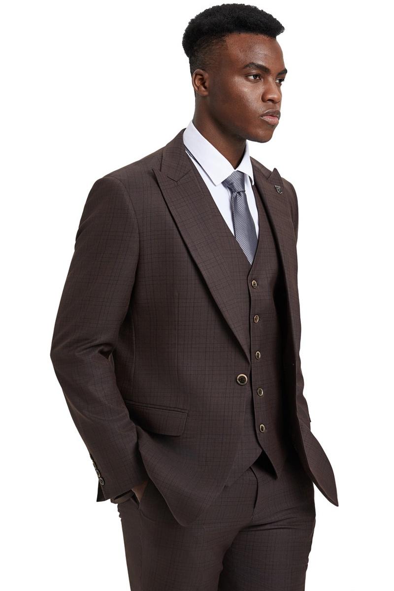 Men's Stacy Adams Vested One Button Wide Peak Lapel Windowpane Plaid Suit in Brown - 38 Regular