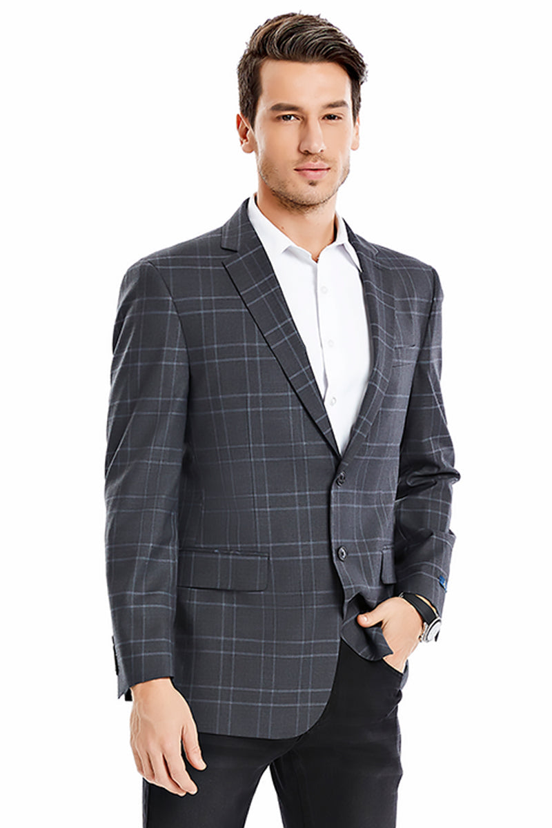 "Double Windowpane Plaid Men's Blazer - Regular Fit, Two Button, Charcoal Grey"