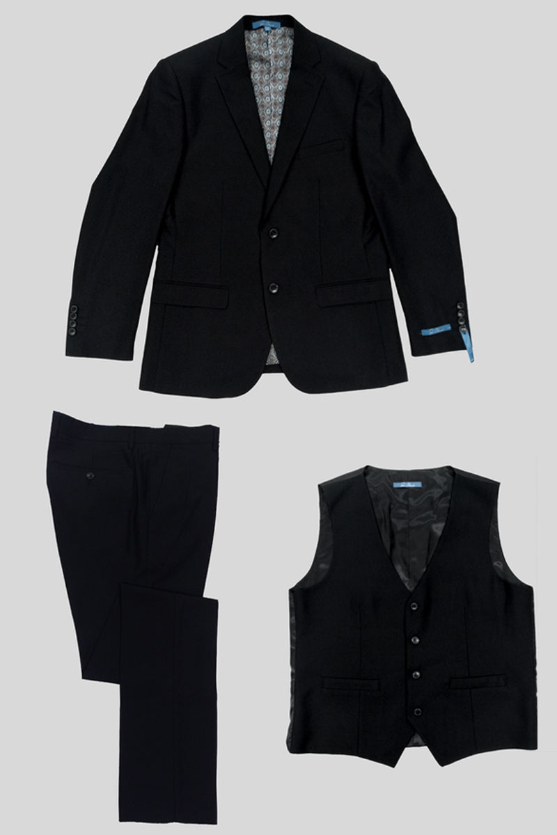 "Black Birdseye Pattern Slim Fit Men's Two Button Vested Suit"