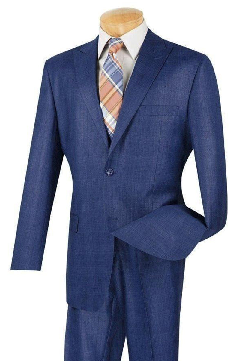 Blue Glen Plaid Men's Modern Fit Business Suit - Summer Collection