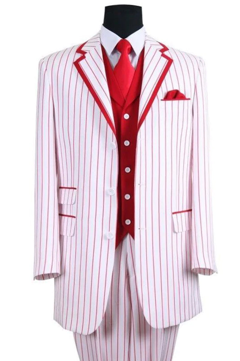 "Barbershop Quartet Men's 3-Button Vested Suit - White with Red Pinstripes"