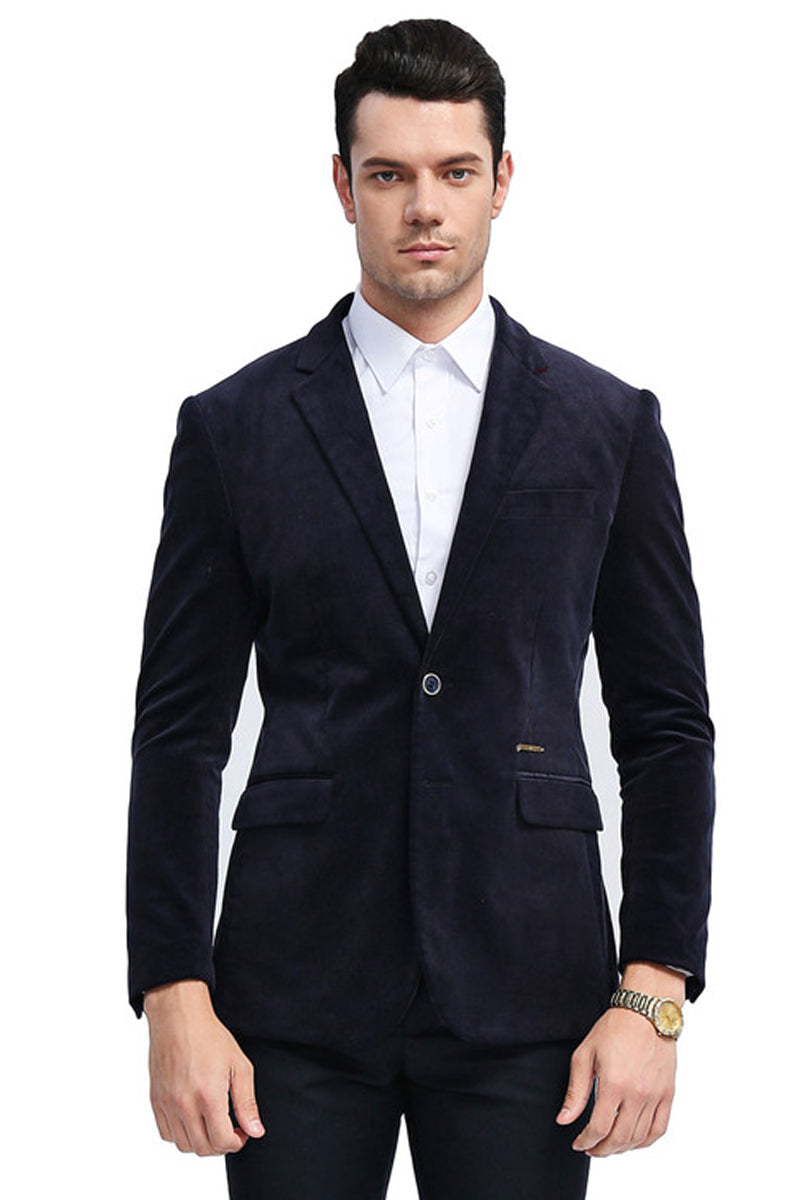 Navy Blue Velvet Slim Fit Men's Casual Jacket - Two Button Style