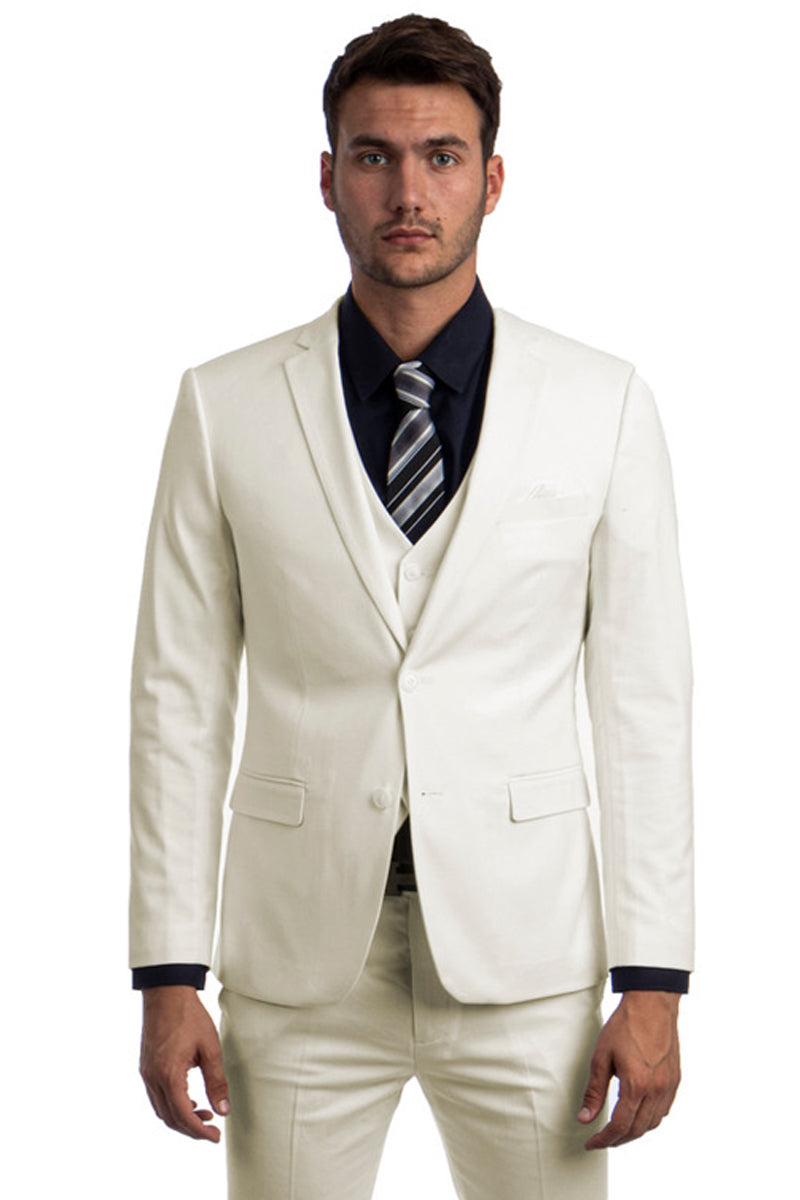 Ivory Men's Slim Fit Two Button Vested Suit - Solid Basic Color