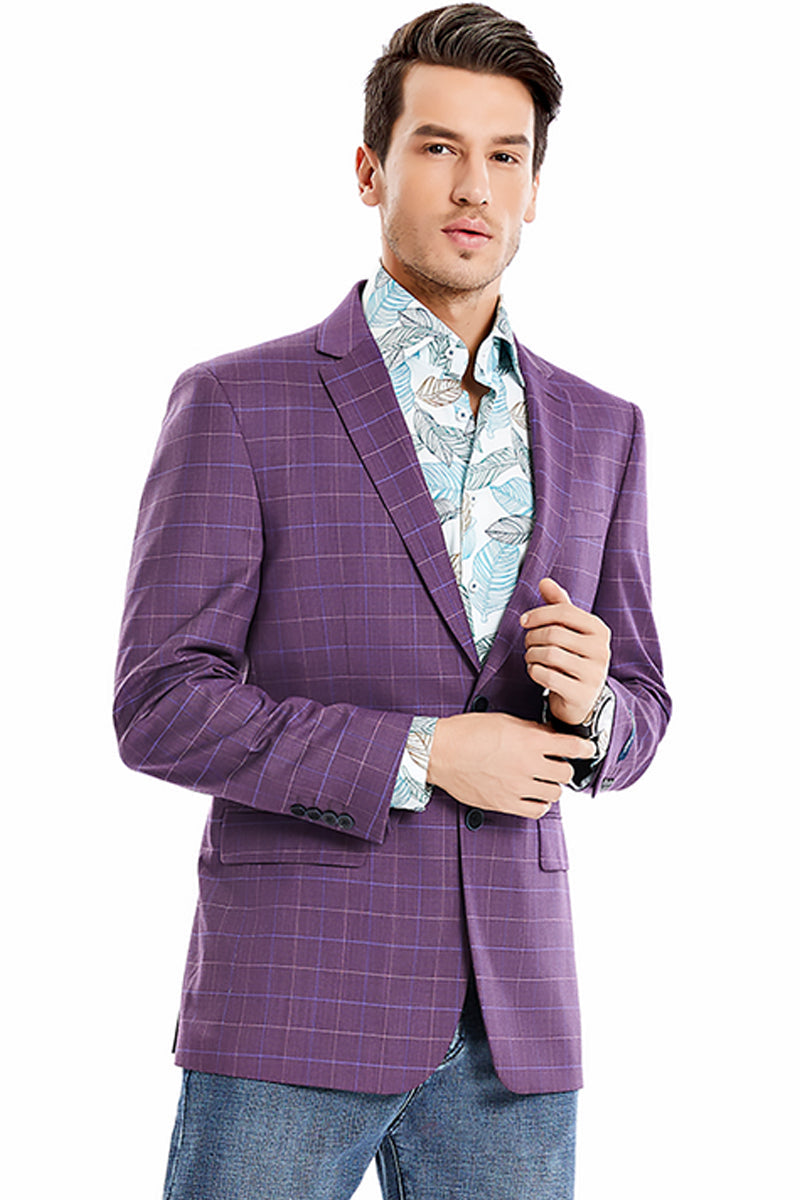 "Men's Windowpane Plaid Sport Coat Blazer - Two ButtonR Fit in Magenta" - 48 Long
