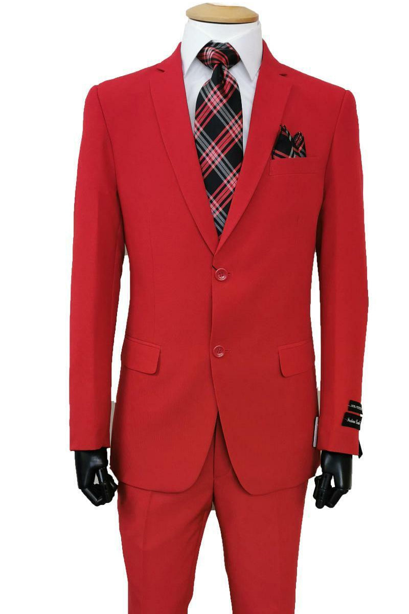 "Red Slim Fit Poplin Basic Suit for Men - 2 Button Style"