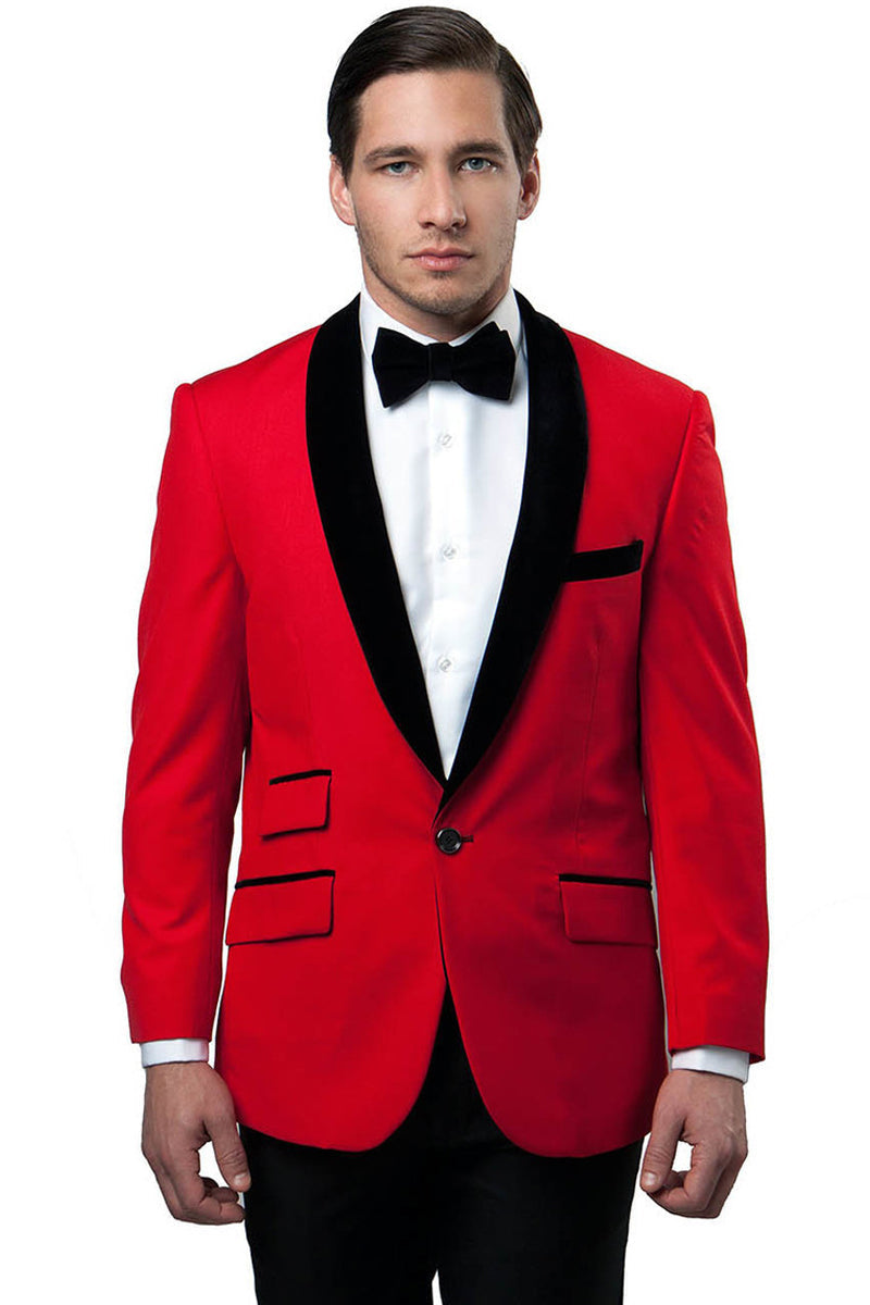 "Red Velvet Shawl Collar Tuxedo Jacket for Men - One Button Style"