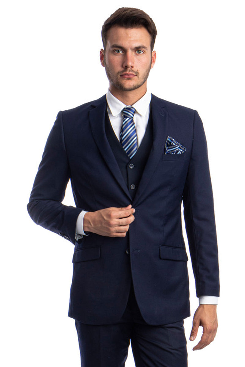 "Men's Navy Blue Hybrid Fit Vested Suit - Two Button Basic"