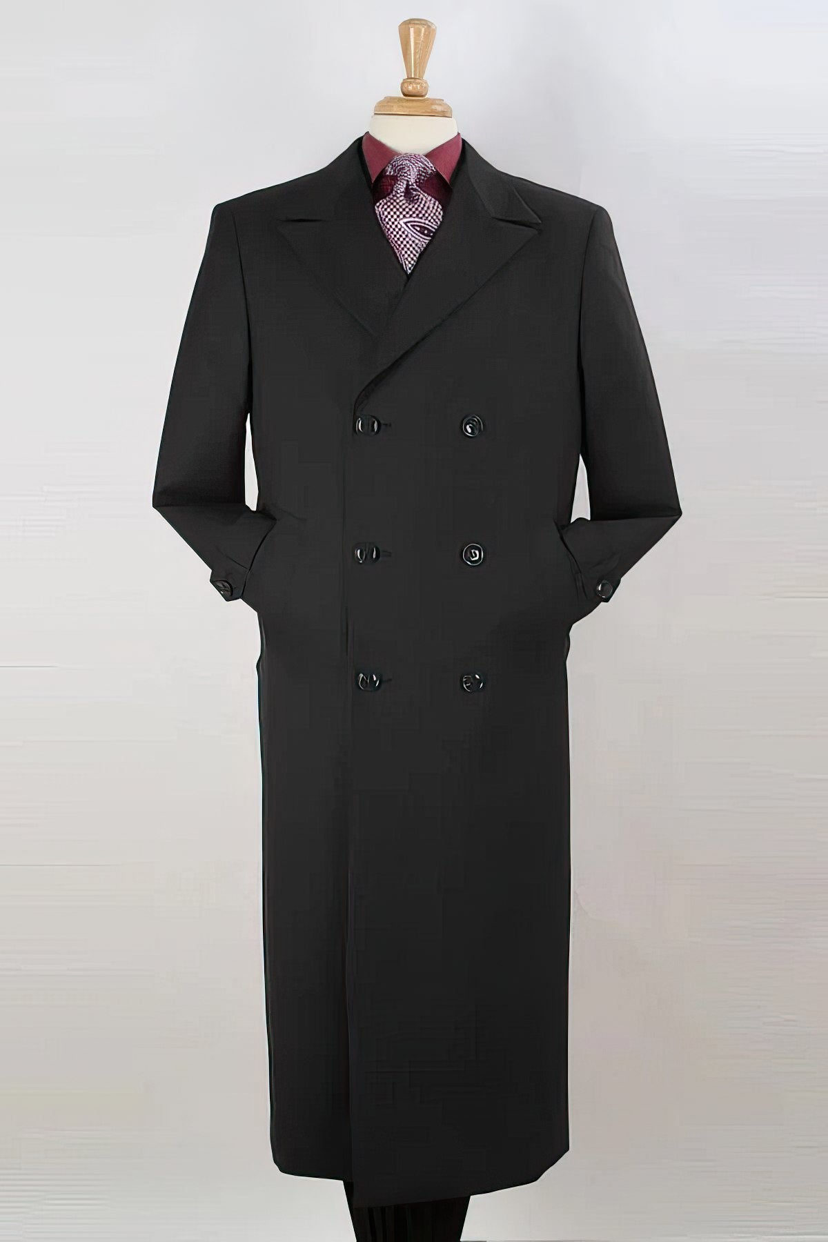 "Black Double Breasted Men's Wool Gaberdine Overcoat - Long Style"