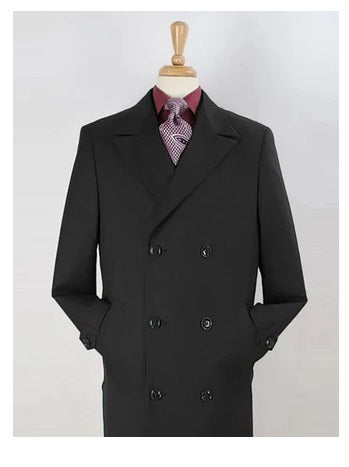 "Black Double Breasted Men's Wool Gaberdine Overcoat - Long Style"