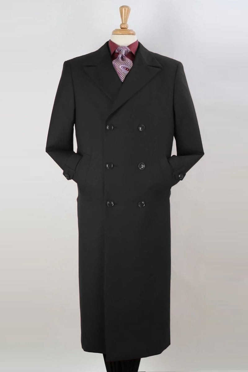 "Black Double Breasted Men's Wool Gaberdine Overcoat - Long Style"