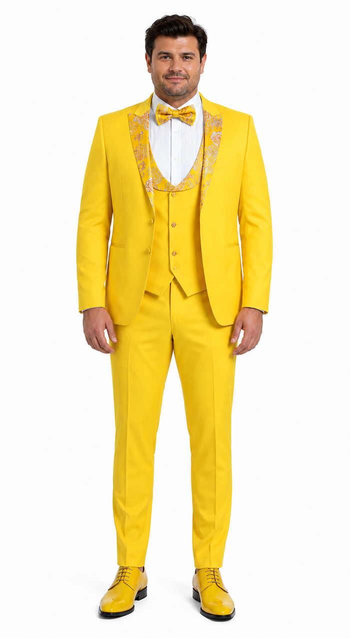 Radiant Golden Bloom Mens 3-Piece Suit with Floral Peak Lapel