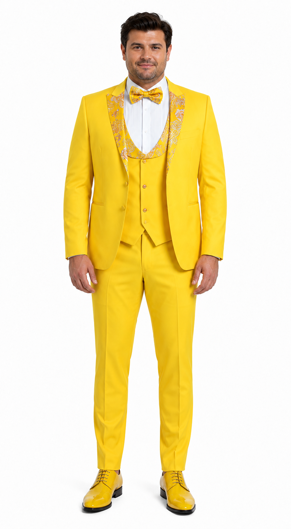 Radiant Golden Bloom Mens 3-Piece Suit with Floral Peak Lapel