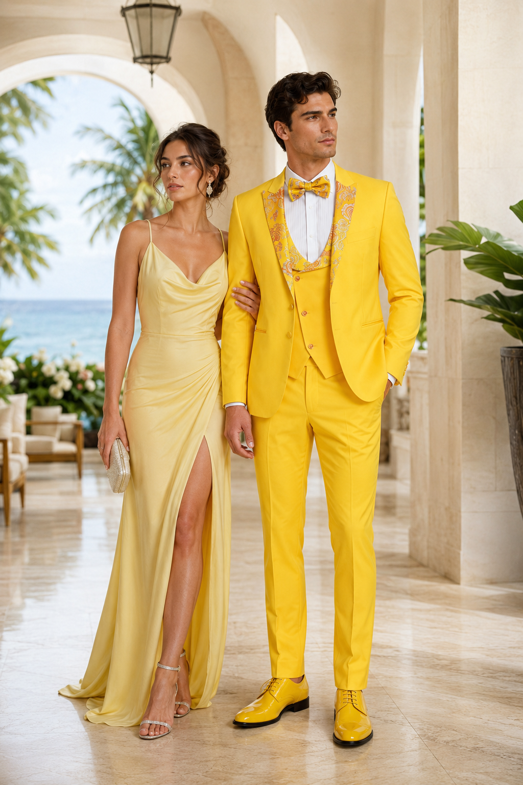 Radiant Golden Bloom Mens 3-Piece Suit with Floral Peak Lapel
