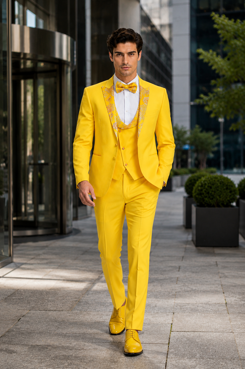 Radiant Golden Bloom Mens 3-Piece Suit with Floral Peak Lapel