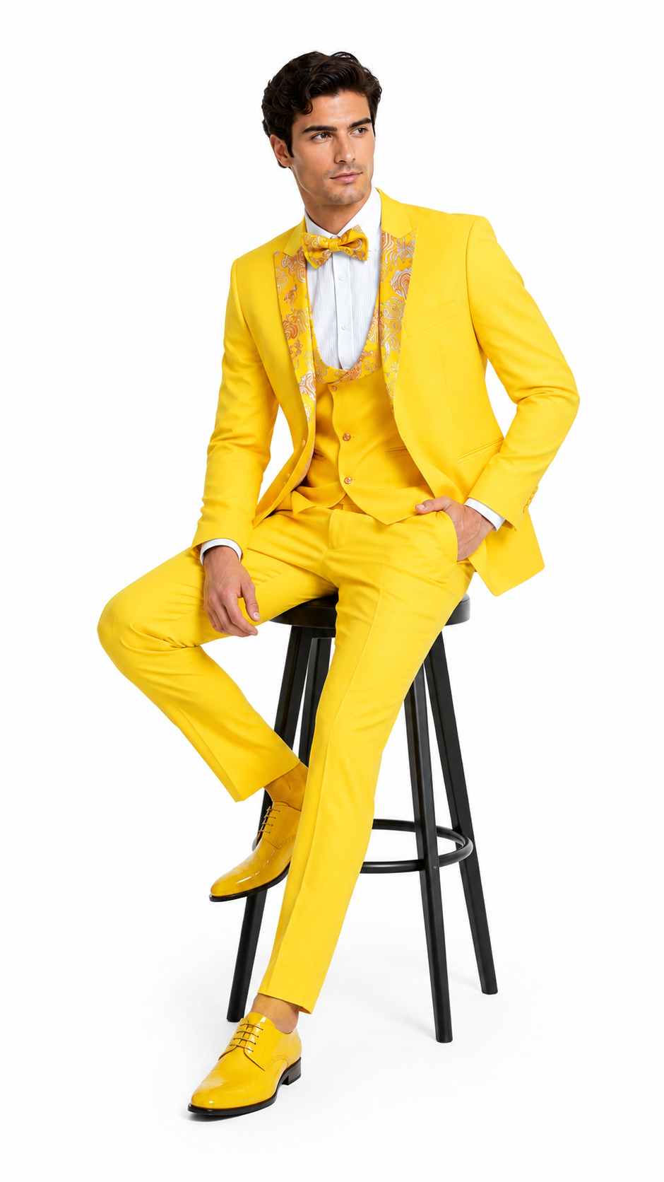 Radiant Golden Bloom Mens 3-Piece Suit with Floral Peak Lapel