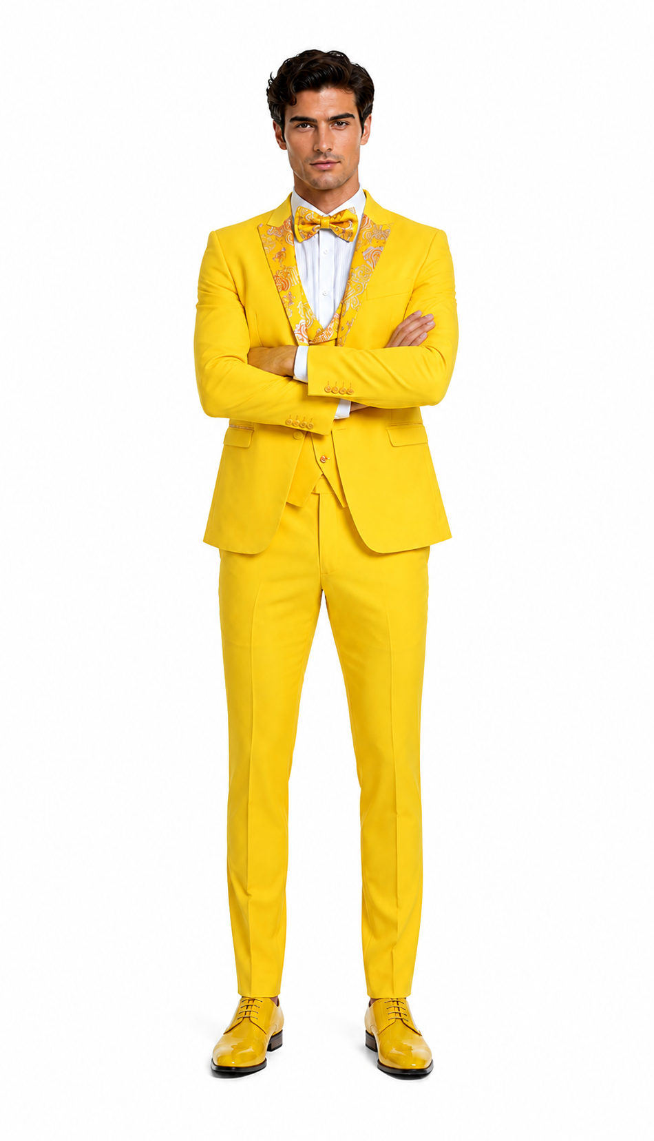 Radiant Golden Bloom Mens 3-Piece Suit with Floral Peak Lapel