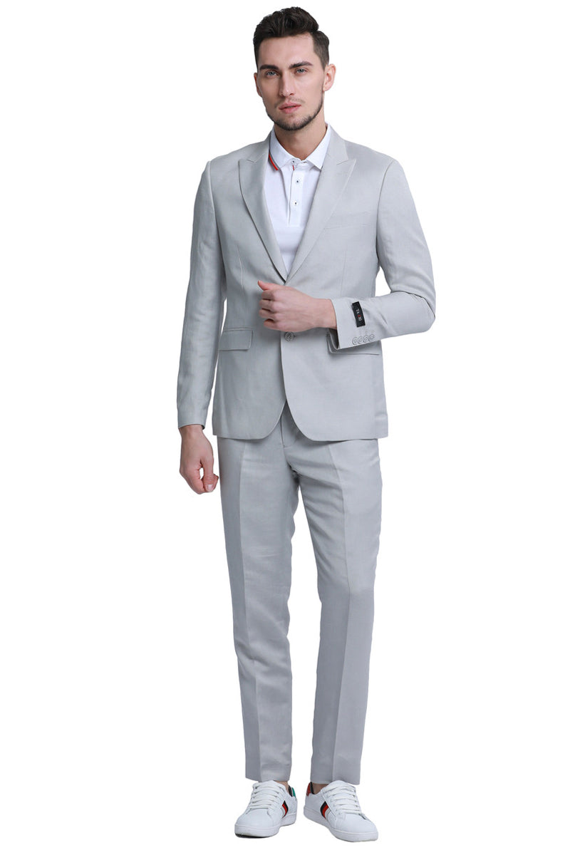 "Men's Summer Linen Beach Wedding Suit - Light Grey, Two Button Peak Lapel"