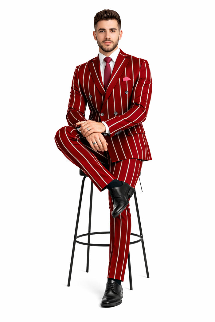 Burgundy Pinstripe Suit - Mens 1920s Gangster Pinstripe Suit - Lapel Chalk Pinstripe Red
