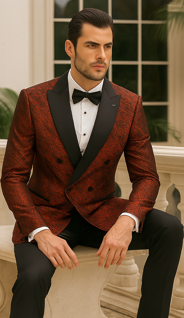 Red Double Breasted Rough Streak Pattern Satin Peak Lapel Stacy Adams Men's Jacket - 34 Short or Extra Small