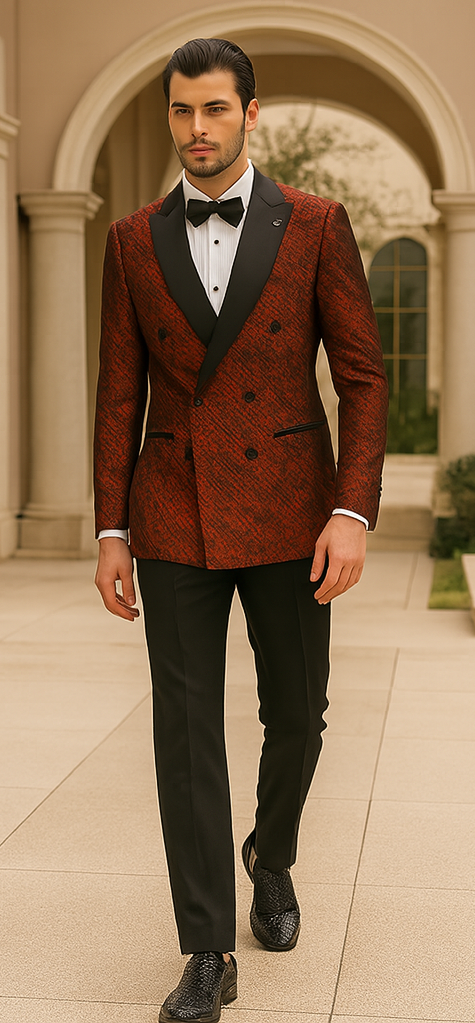 Red Double Breasted Rough Streak Pattern Satin Peak Lapel Stacy Adams Men's Jacket - 34 Short or Extra Small