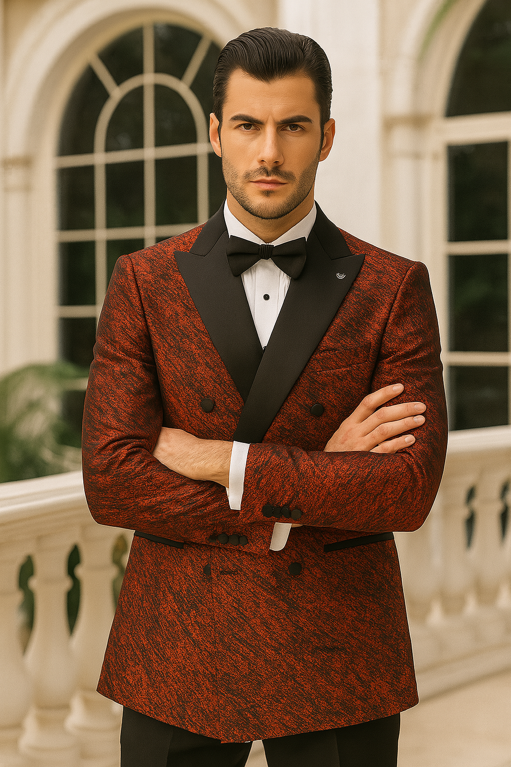 Red Double Breasted Rough Streak Pattern Satin Peak Lapel Stacy Adams Men's Jacket - 34 Short or Extra Small