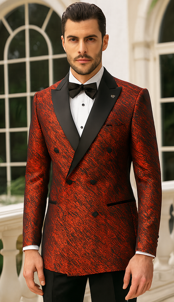 Red Double Breasted Rough Streak Pattern Satin Peak Lapel Stacy Adams Men's Jacket - 34 Short or Extra Small