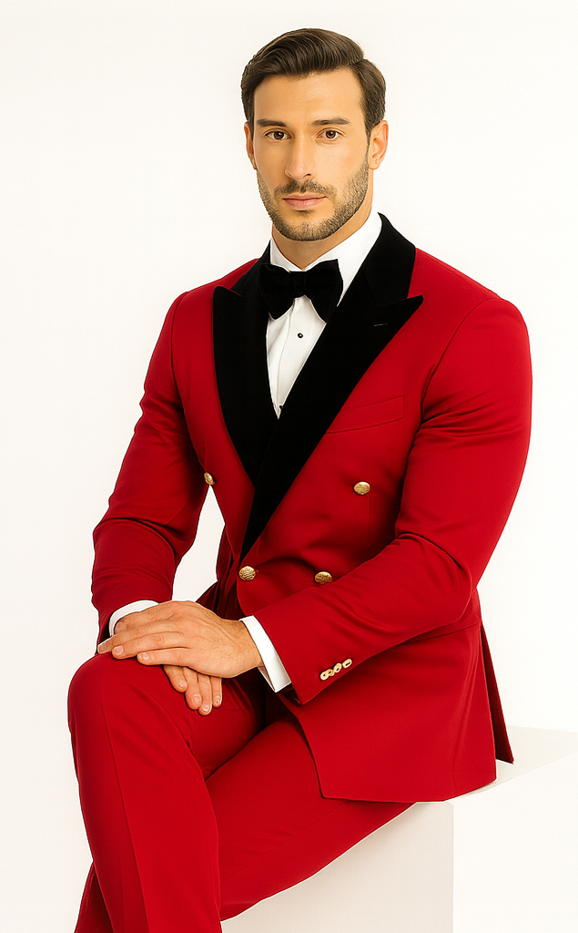 Red Double Breasted Tuxedo with Velvet Peak Lapel - Wedding - Prom 2026