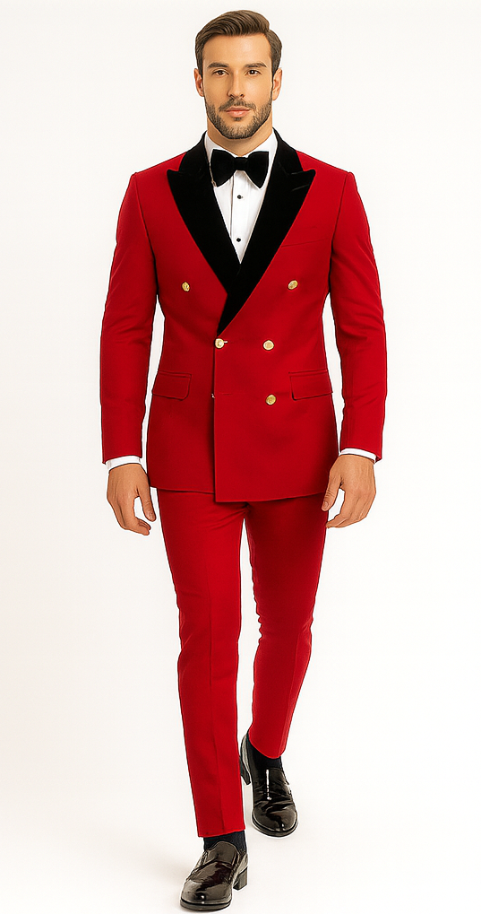 Red Double Breasted Tuxedo with Velvet Peak Lapel - Wedding - Prom 2026