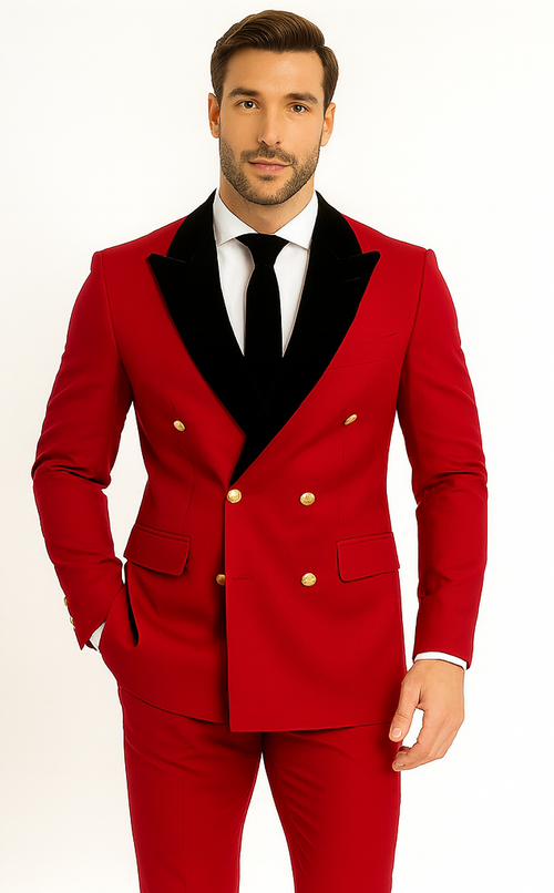 Red Double Breasted Tuxedo with Velvet Peak Lapel - Wedding - Prom 2026