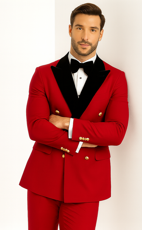 Red Double Breasted Tuxedo with Velvet Peak Lapel - Wedding - Prom 2026