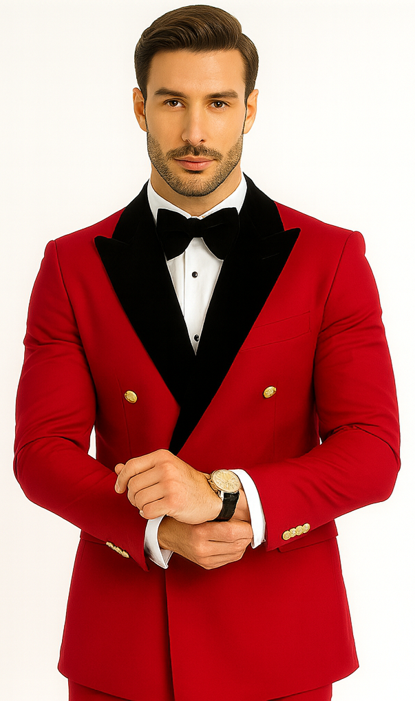 Red Double Breasted Tuxedo with Velvet Peak Lapel - Wedding - Prom 2026