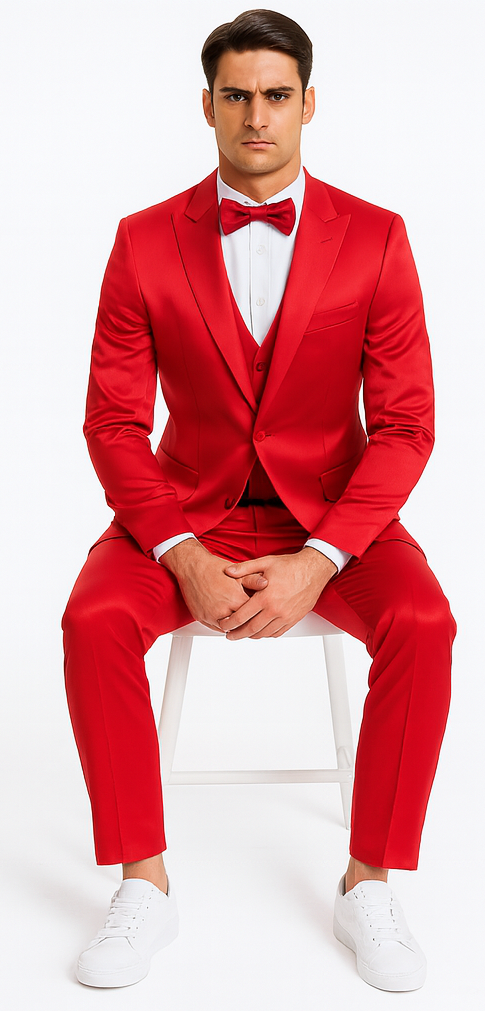 Stylish Red Satin 3 Piece Slim Fit Tazzio Men's Suit with Peak Lapel Jacket – Premium Formalwear - 34 Short or Extra Small