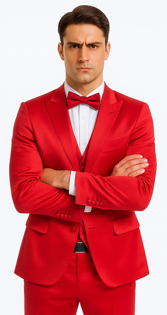 Stylish Red Satin 3 Piece Slim Fit Tazzio Men's Suit with Peak Lapel Jacket – Premium Formalwear - 34 Short or Extra Small