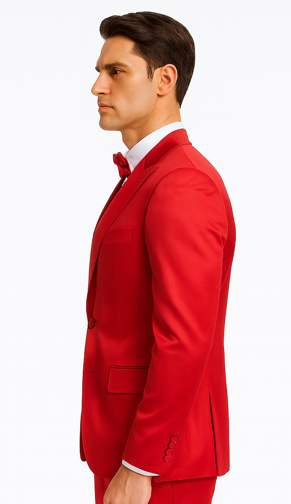 Stylish Red Satin 3 Piece Slim Fit Tazzio Men's Suit with Peak Lapel Jacket – Premium Formalwear - 34 Short or Extra Small