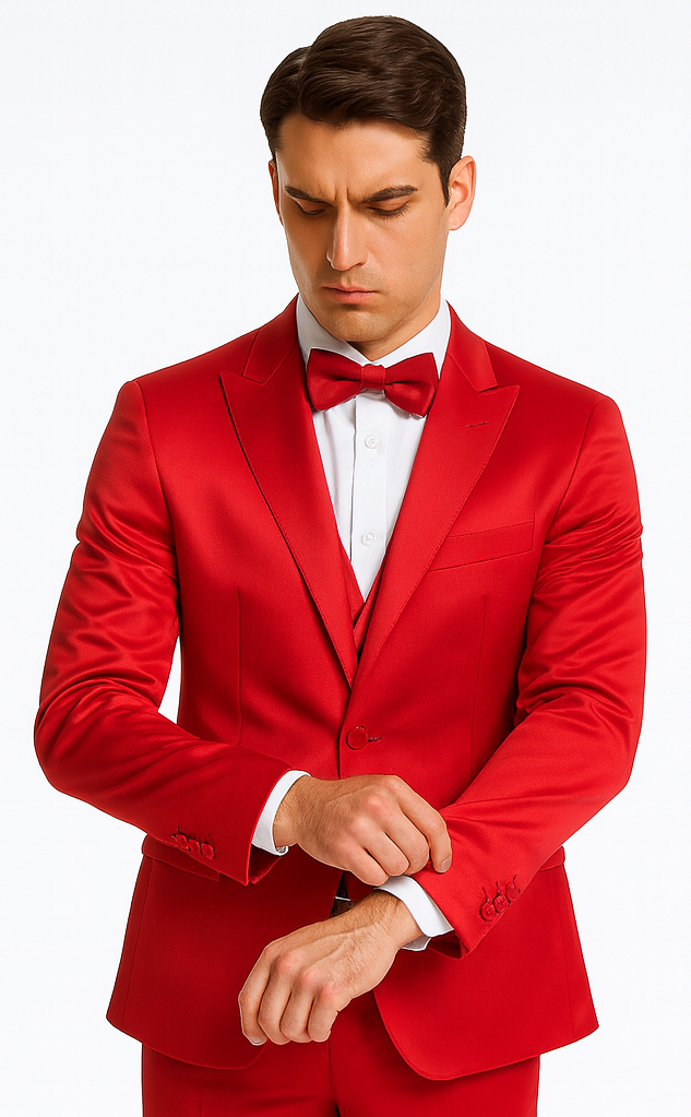 Stylish Red Satin 3 Piece Slim Fit Tazzio Men's Suit with Peak Lapel Jacket – Premium Formalwear - 34 Short or Extra Small