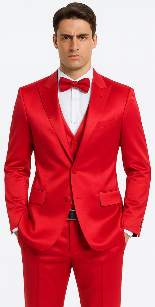 Stylish Red Satin 3 Piece Slim Fit Tazzio Men's Suit with Peak Lapel Jacket â€“ Premium Formalwear