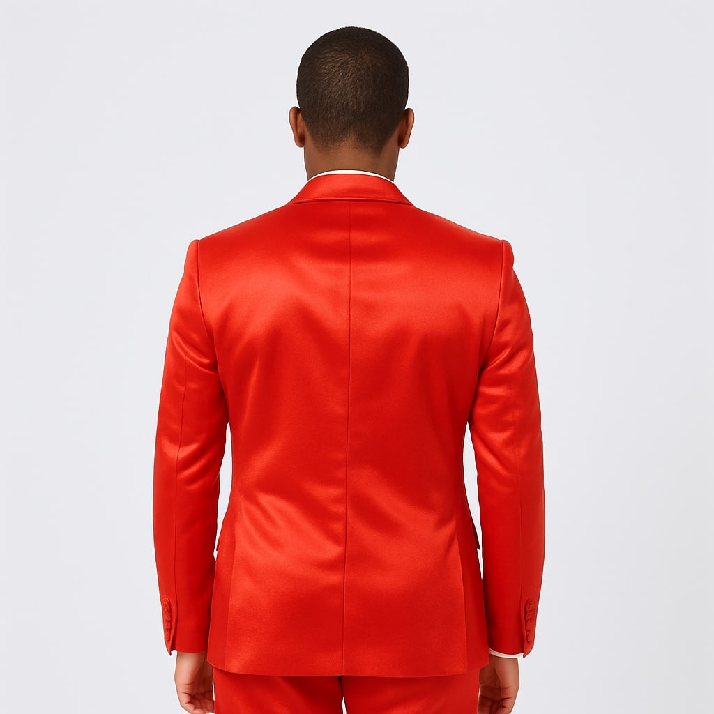 Red Satin Tuxedo Set â€“ 4-Piece Statement for Weddings & Proms - 34R Coat - 28 Waist