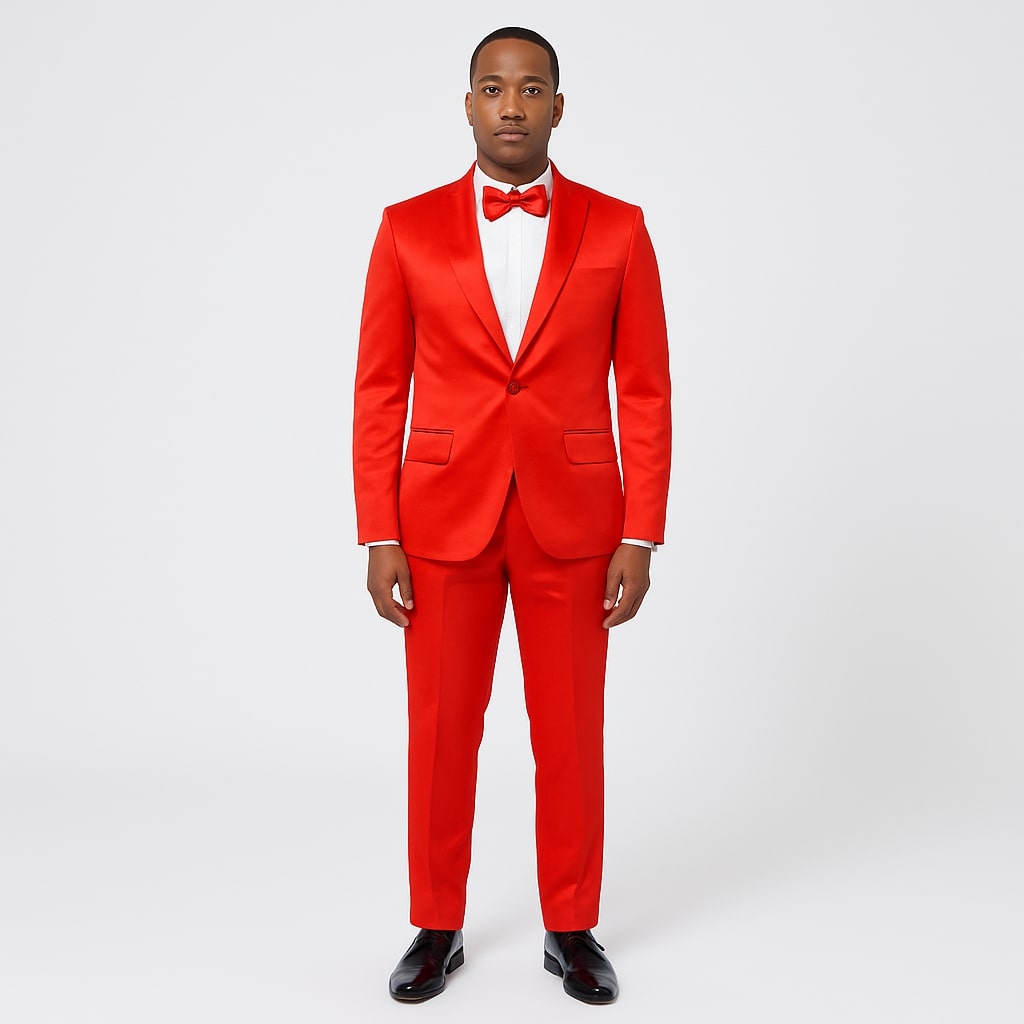 Red Satin Tuxedo Set – 4-Piece Statement for Weddings & Proms - 34R Coat - 28 Waist