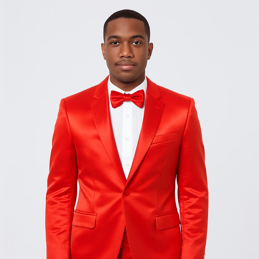Red Satin Tuxedo Set – 4-Piece Statement for Weddings & Proms - 34R Coat - 28 Waist