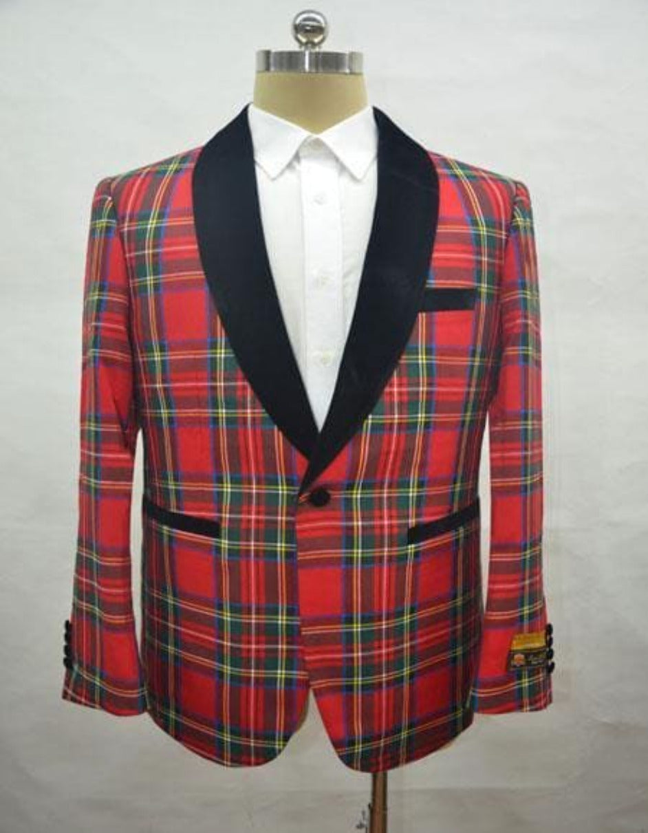 Big and Tall Holiday Jackets - Christmas Tartan Plaid Sport Jacket For Big Man in Color Red Tartan Scottish Pattern - S