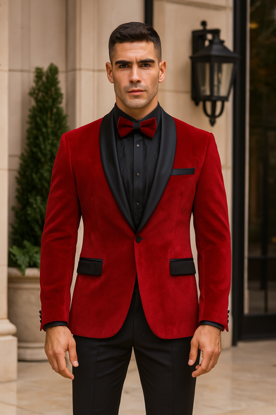 Red Velvet Tuxedo Jacket Slim Fit with Shawl Lapel - Wedding - Prom 2026