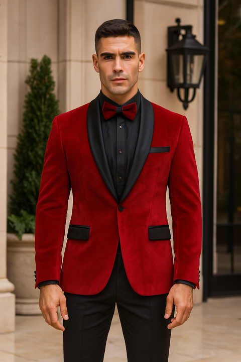 Red Velvet Tuxedo Jacket Slim Fit with Shawl Lapel - Wedding - Prom 2025